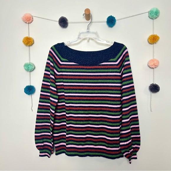 Boden Mabel Metallic Bishop Sleeves Striped Sweater - Picture 1 of 7